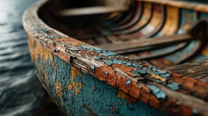 Old canoe detail with paint cracking, calm lake water