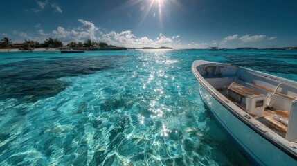 Partially visible boat in blue water with sun flare 