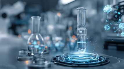 Futuristic laboratory with advanced medical technology, featuring digital interfaces and scientific equipment, creating innovative and high tech atmosphere