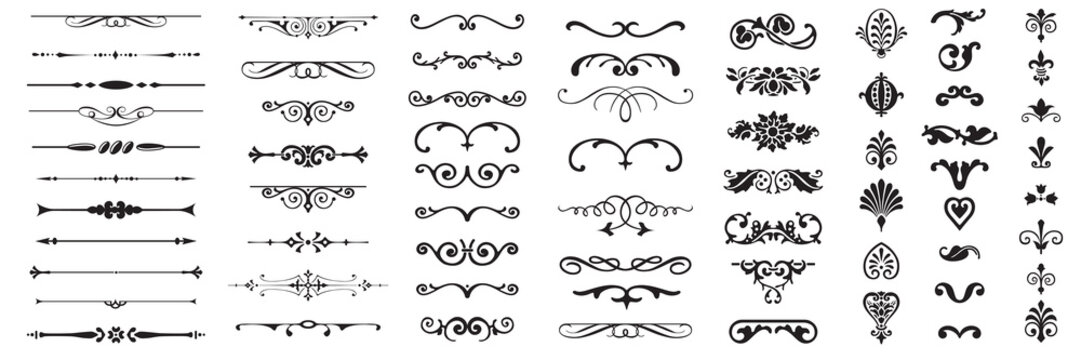 Set or collection of vector filigree flourishes for design. Decorative elements collection.