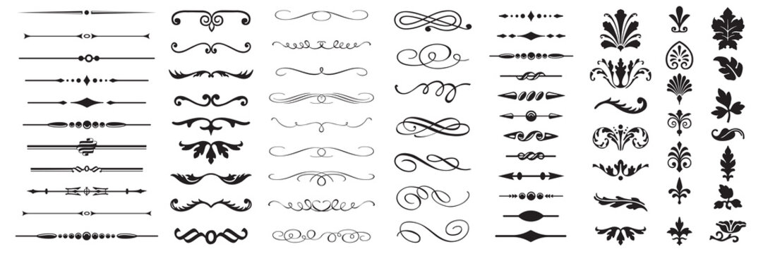 Set or collection of vector filigree flourishes for design. Decorative elements collection.