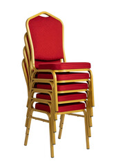 PNG cut out isolated background. A stack of four red upholstered banquet chairs, with curved backrests and shiny gold metal frames, are neatly piled on top of each other.
