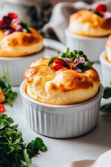 Light and Airy Golden Souffl&eacute; with Flavorful Garnish and Fresh Herbs