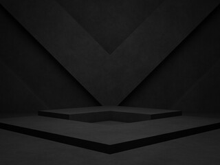 3D dark concrete background. Black geometric cement room