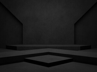 3D dark concrete background. Black geometric cement room