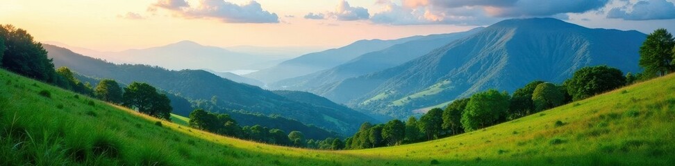 Rolling hills, lush forest, majestic mountains, vibrant sky, background, trees, rural