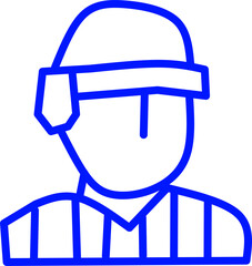 blue line icon of referee in circle. Blue line icon of hockey sports theme in circle
