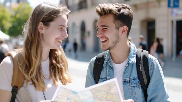 A happy young couple, backpackers exploring a city, smiles joyfully while looking at a city map.  