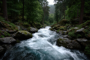 Obraz premium Cascading river flows through lush forest in a serene natural landscape during early morning