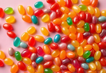 Vibrant jelly beans scattered on a pastel background, forming a playful design,  food,  delicious