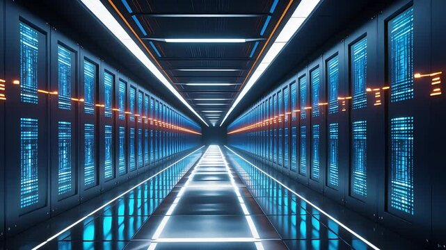 Futuristic Data Center Corridor with Rows of High-Tech Servers and Blue LED Lighting in a Symmetrical Modern Digital Infrastructure Hall

