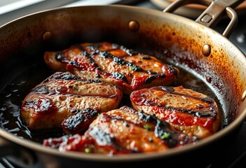 Close-up of sizzling pork neck steaks in a hot frying pan,  frying pan,   stock photo