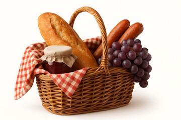 Picnic basket with bread, sausages, grapes, and jam, isolated on white background