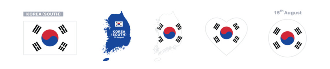 south korea flag and map set. south korea flag in official colors and proportions. independence day 15 august , map, circle and heart shaped south korea