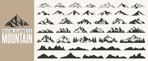 Set of mountain silhouette, hiking hill peak symbol, forest nature landscape and camping logo with christmas tree. Mountain silhouette pattern, background, icon or line art for summer travel business.