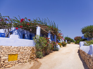 Scenic view of a Mediterranean village with whitewashed buildings, colorful flowers, and a sandy path. Koufonisia Islands, Cyclades, Greece