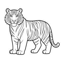 Fototapeta premium Realistic tiger coloring page for children and adults. A full-body illustration of the majestic striped big cat. Black and white outline drawing suitable for educational purposes.