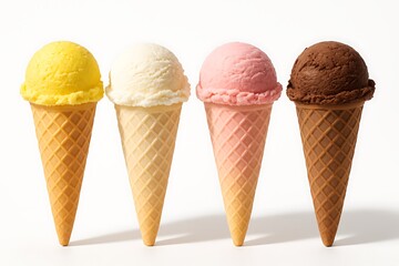 Four ice cream cones in yellow, vanilla, strawberry, and chocolate flavors, isolated on white background