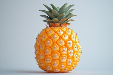 Single pineapple fruit, vibrant yellow, detailed scales, and green crown