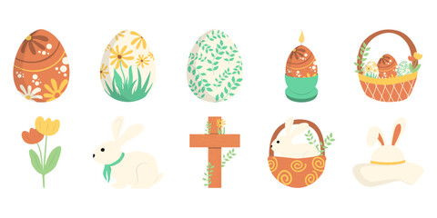 Easter eggs element decoration. Eggs, bunny, cross, flower flat design for easter eggs on white background. Vector isolated.