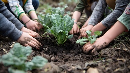 Fototapeta premium Children planting vegetable garden organic gardening kids hands soil plants learning about nature outdoors