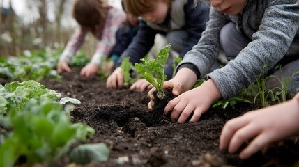 Children planting seedlings in garden: kids gardening, learning about nature, growing organic vegetables