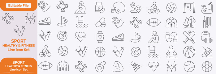 Sport Line Editable Icons set. Contain icons related to baseball, basketball, soccer, and other sports. Editable stroke. Vector illustration