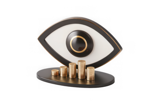 Stylized eye sculpture with growing bar chart on base symbolizing vision and growth