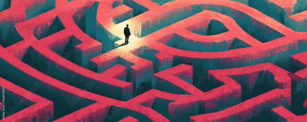 Poster solitary figure navigating complex maze with bright path of light, symbolizing journey, decision-mak