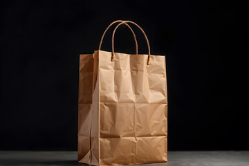 Brown kraft paper shopping bag with twisted handles on dark background