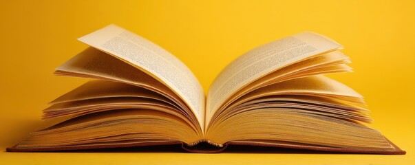 Open book displaying pages with text and yellow background, showcasing literature, reading concepts, knowledge, education and imagination