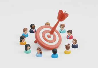 3d icon of dart hitting target with human avatar around it, finding target audience concept, modern isometric clay render, white background.