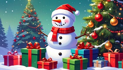Cute snowman with gifts for happy christmas and new year festival