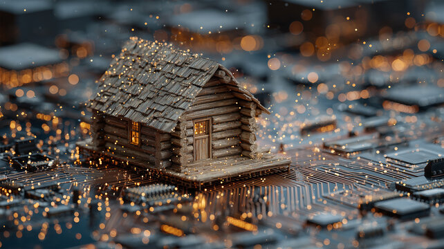 建築模型の木造小屋が電子回路上で静かに輝く