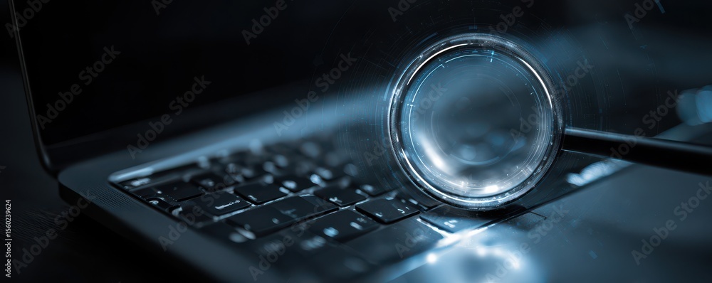 Poster close-up of a magnifying glass placed on a keyboard of a laptop in a dark environment with a soft gl