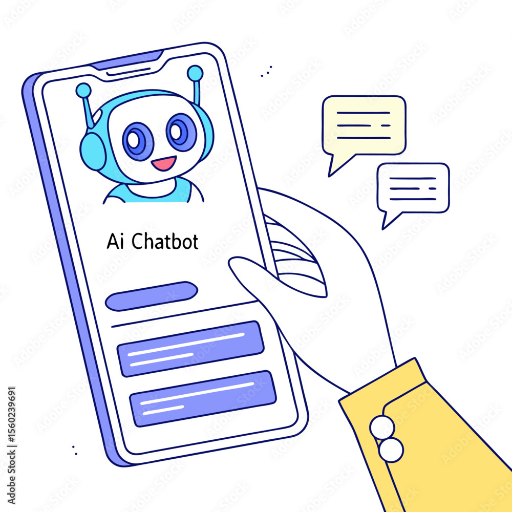 Aufkleber hand holding a phone with an ai chatbot displayed on the screen with message bubbles and a yellow sl