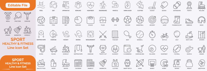 Sport Line Editable Icons set. Contain icons related to baseball, basketball, soccer, and other sports. Editable stroke. Vector illustration