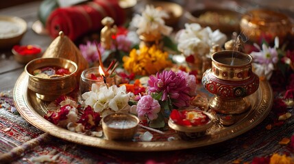 Hindu puja thali decoration with flowers and diyas for religious ceremony and festive celebrations
