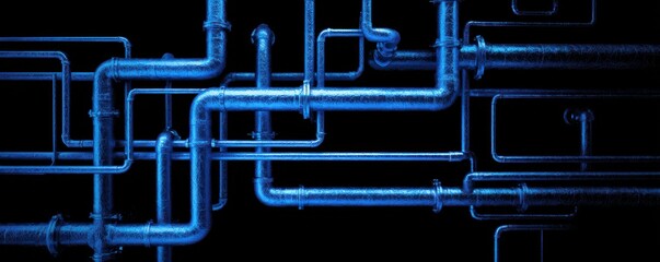 Abstract representation of blue metallic pipes interconnected in a complex design against a dark background, highlighting industrial aesthetic and creativity