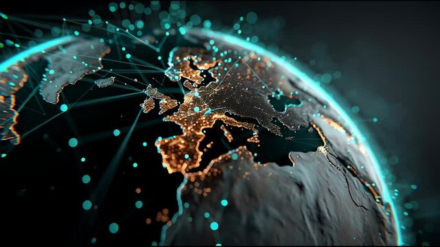 uturistic glowing earth network animation with blue digital connections over europe, modern global technology background perfect corporate intros, business presentations, data videos, tech overlay 4k