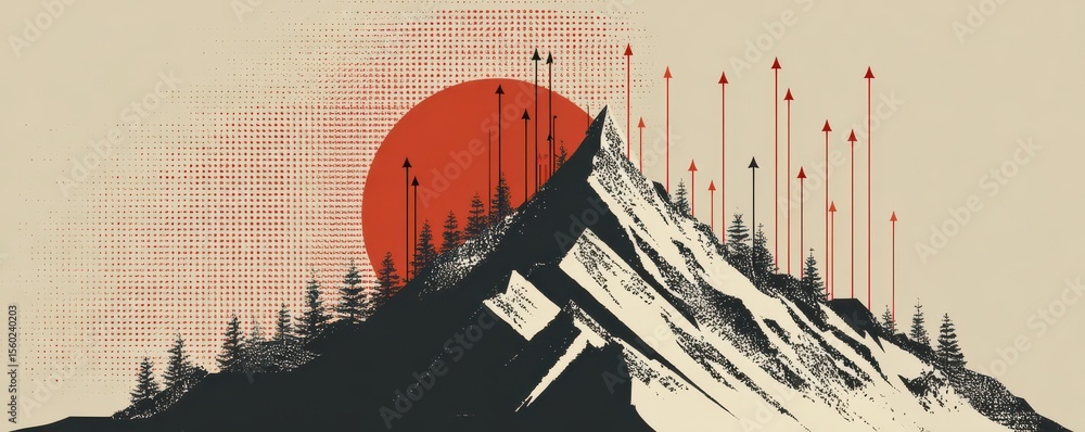 Poster abstract representation of a mountain landscape with a vivid sunset and artistic arrows symbolizing 