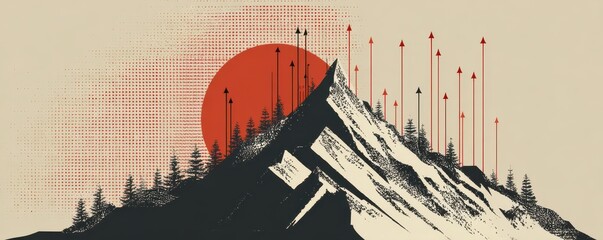 Abstract representation of a mountain landscape with a vivid sunset and artistic arrows symbolizing growth and direction in a retro style