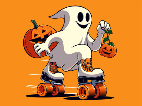 Ghost cartoon character. Ghost roller skates. Funny spirit. Friendly ghost. Spooky phantom riding. Happy Halloween greeting card with ghost. Cartoon ghosted spirit. Pumpkin ghost. Cute ghost design