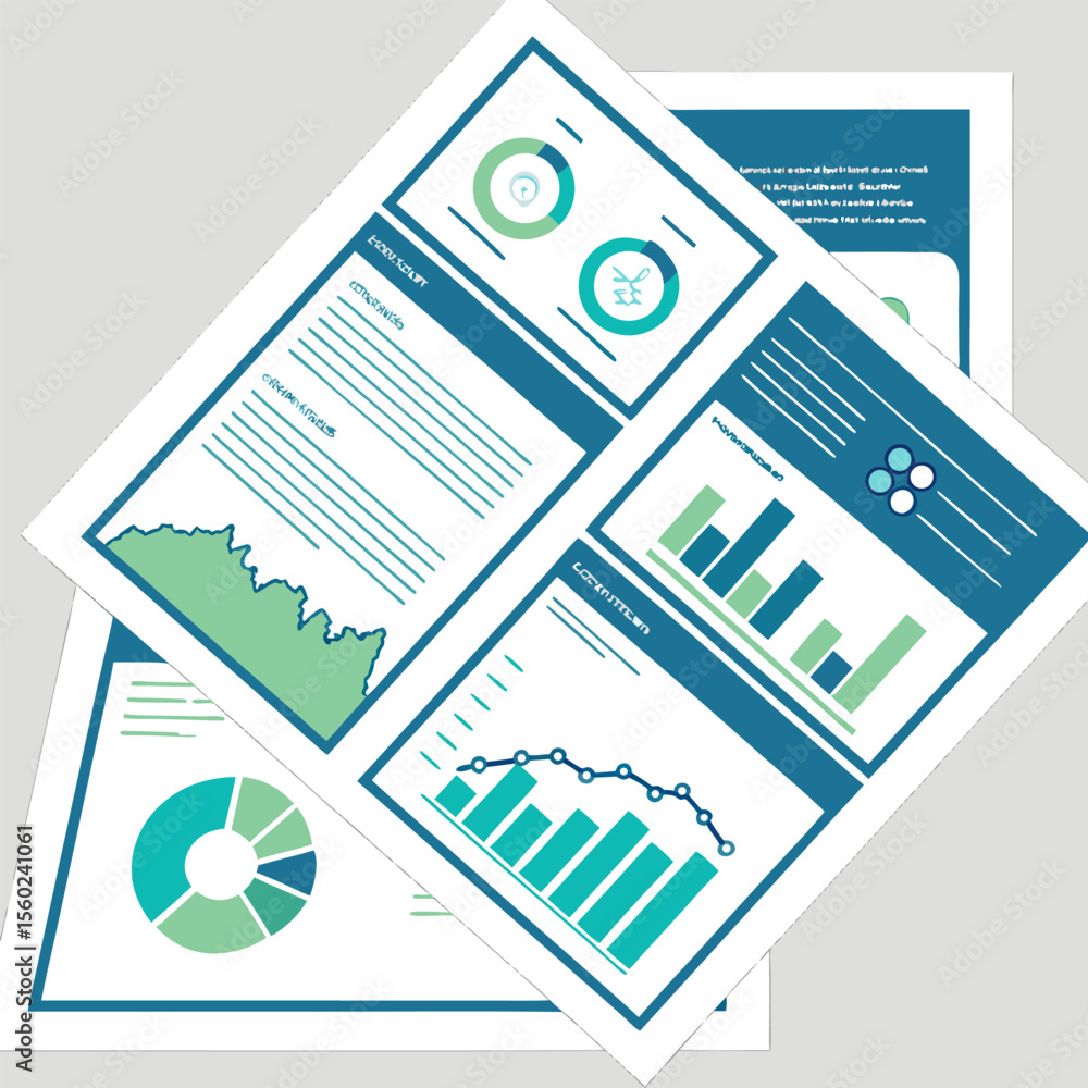 Poster several business document pages with graphs and charts scattered on a light background surface view