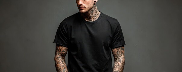 Portrait of a tattooed man with a serious expression wearing a black t-shirt against a neutral background highlighting intricate body art and fashion style