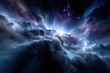 Obraz premium Cosmic clouds illuminated by swirling stars in a vast night sky with bright celestial highlights