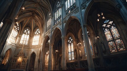 Obraz premium Cathedral architecture interior design showcasing stained glass windows and gothic arches and columns