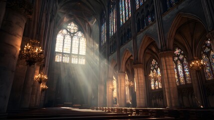 Obraz premium Cathedral interior architecture with stained glass windows and light rays photography design image