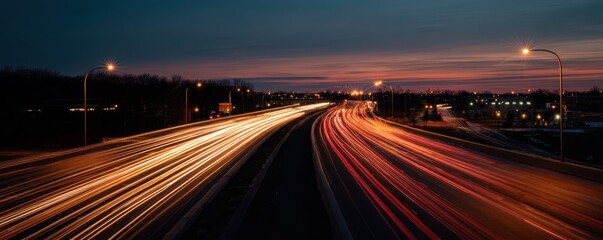 Obraz premium Vibrant Light Trails of Vehicles on a Busy Highway During Twilight with Evolving Skies and City Lights in the Background