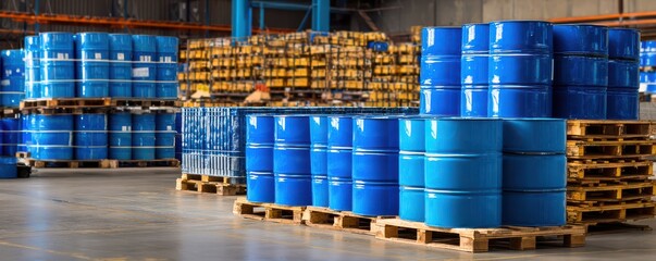 Blue Industrial Drums Stored on Wooden Pallets in a Warehouse with Organized Shelving and Stocked Inventory in the Background
